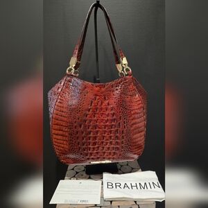 Brahmin Burnt Orange Croc-Embossed Leather Shoulder Bag